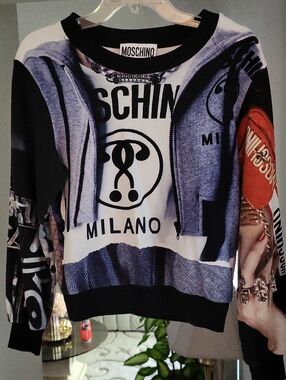 Moschino Black, White & Blue Graphic Crewneck Sweatshirt